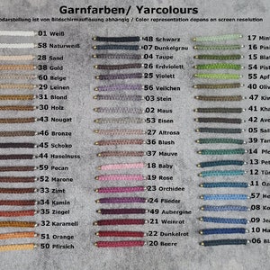 Puede incluir: Una tabla de colores de hilo con n&uacute;meros y nombres correspondientes en alem&aacute;n e ingl&eacute;s. Los colores de hilo est&aacute;n dispuestos en filas, cada fila contiene un color diferente. Los colores van del blanco al negro, con tonos de marr&oacute;n, verde, azul, rojo y morado en el medio.