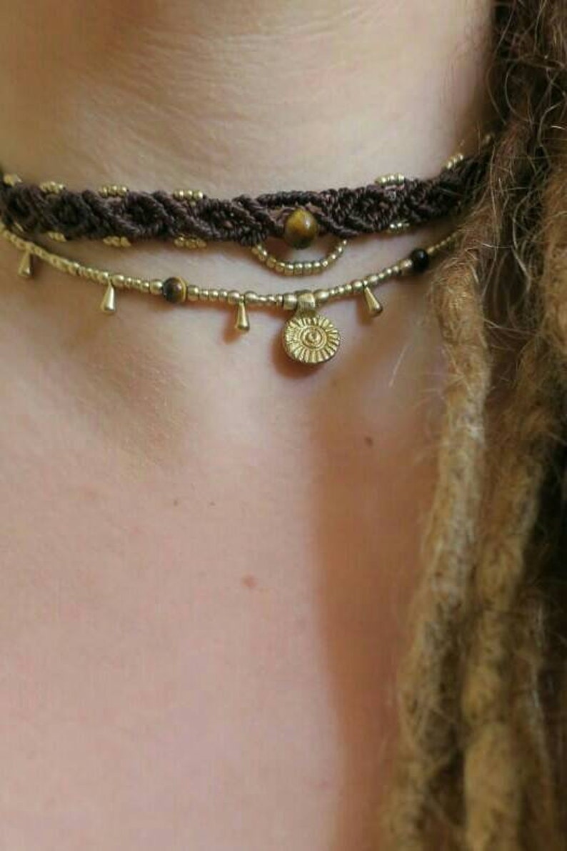 Macrame choker,necklace with brass ornament,oriental,hippie style,gift,handmade,festival look,gold,edelstein,bohemian style,trend