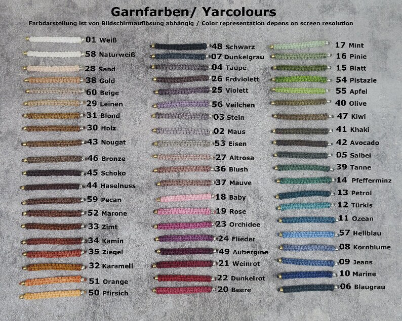May include: A chart of yarn colours with corresponding numbers and names in German and English. The yarn colours are arranged in rows, with each row containing a different colour. The colours range from white to black, with shades of brown, green, blue, red, and purple in between.