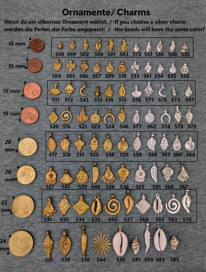 May include: A chart of gold and silver charms for jewelry making. The charms are arranged in rows by size, from 16 mm to 24 mm. The charms feature a variety of designs, including leaves, shells, and geometric shapes.