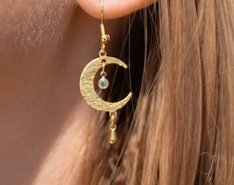 Moon hanging earrings stud earrings with gemstone • Moon • 24 carat gold-plated minimalist and personalized in a pair in boho style gift