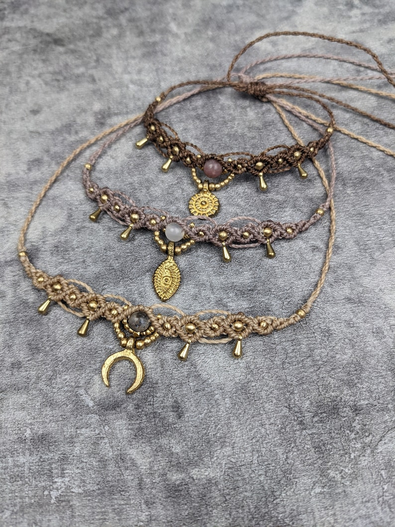 Romantic macrame choker moon drop choker with brass ornament and gemstone bead in bohemian style as a gift idea for women image 1