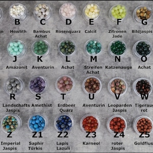 Puede incluir: Un gr&aacute;fico de 25 tipos diferentes de cuentas, cada una en un peque&ntilde;o recipiente transparente. Las cuentas est&aacute;n etiquetadas con letras y nombres alemanes. Las cuentas son de varios colores y texturas, incluyendo blanco, verde, azul, marr&oacute;n, rojo y morado.