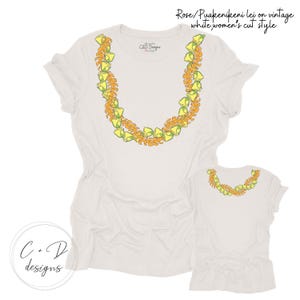 Hawaiian Lei T-Shirt: Puakenikeni & Lokelani Rose - Wraparound Design