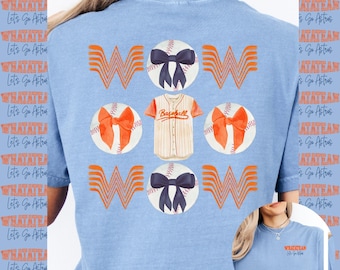 May include: Light blue t-shirt featuring a baseball theme. The design includes baseballs with bows, a baseball jersey, and the word "WOW" in orange. The shirt also has the text "WHATATEA Let's Go Astros" on the sleeves.