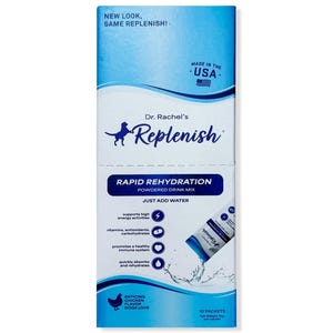 Może przedstawiać: Niebieskie i białe pudełko z Dr. Rachel's Replenish Rapid Rehydration Powdered Drink Mix dla psów. Pudełko przedstawia kreskówkowego psa i kurczaka oraz tekst "Just Add Water". Pudełko zawiera 10 saszetek, każda o wadze 1,5 g.