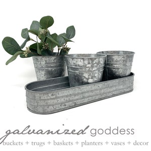 Galvanized planters with tray, 3 round pots, metal centerpiece, herb pots, farmhouse centerpieces, farmhouse decor, windowsill, succulents