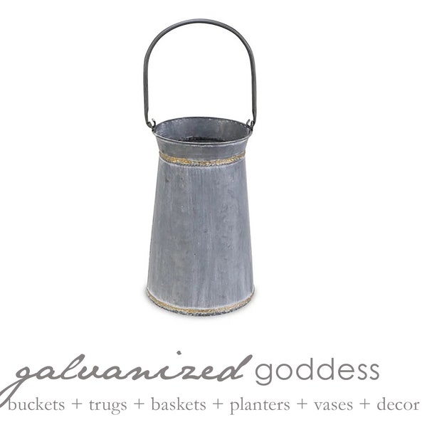 Tall galvanized vase, top and bottom gold welding, swivel handle, tall floral bucket, tall vase, farmhouse, rustic planter, rustic vase,