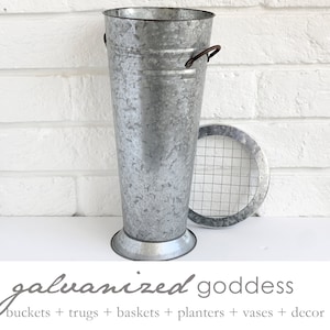 French Flower Bucket with stability base, 3 sizes, tall galvanized vase, French Flower vase, flower frog for arranging