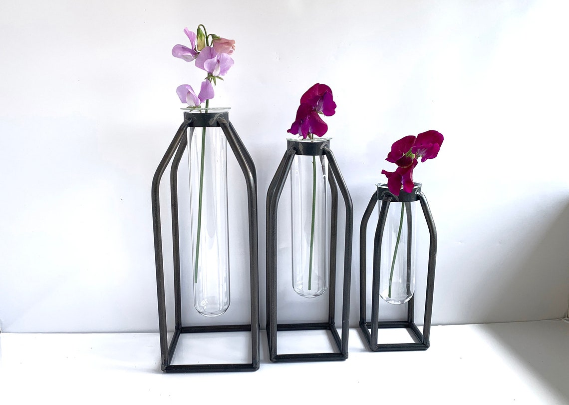 Sleek Metal Vase 3 Sizes Metal Glass Tube Vase Table Decor Etsy
