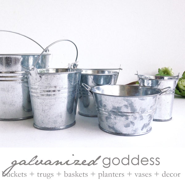 Galvanized pail, 5 sizes, pail with handle, small pail, metal pail, rustic pail, pail for flower girl, garden pail, pail for party favors