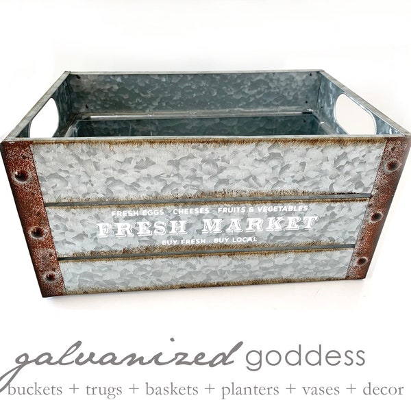 Galvanized vintage crate, 2 sizes, drink crate, crate with liner, crate planter, summer decor, fresh market, metal crate, buy local