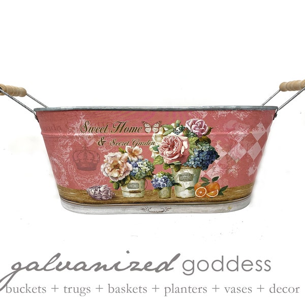 Floral metal tub, 3 colors, oval pot, handled tub, floral decor, shabby chic, sweet home & sweet garden, Mother's Day gift, handled planter