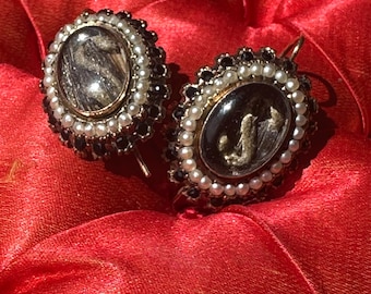 Antique Victorian Pearl Jet Mourning Earrings Hair Hair Work Initial S