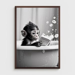 May include: A black and white photo of a monkey sitting in a bathtub, reading a book. Bubbles are floating around the monkey.