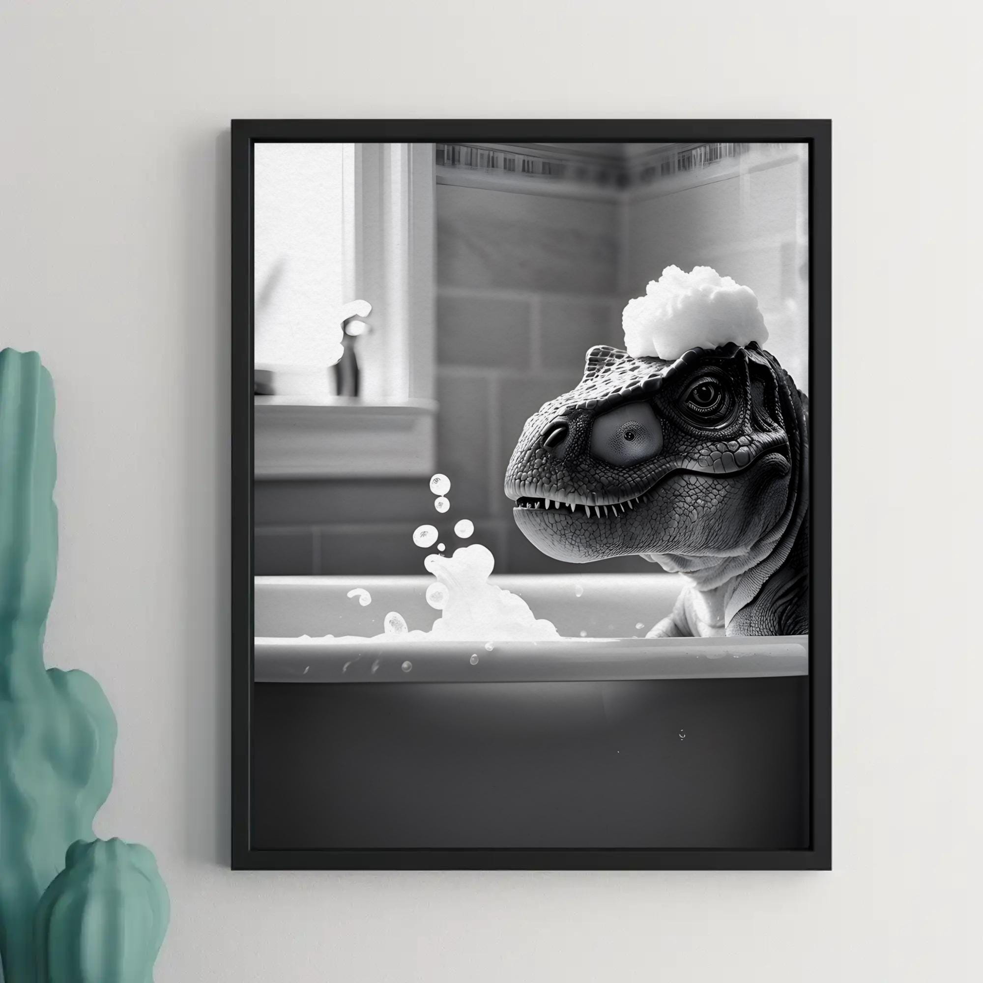 Stampa Su Tela Per Bagno – Dinosauro Nella Vasca – Quadro Moderno Bianco E Nero, 40,6 X 30,5 Cm