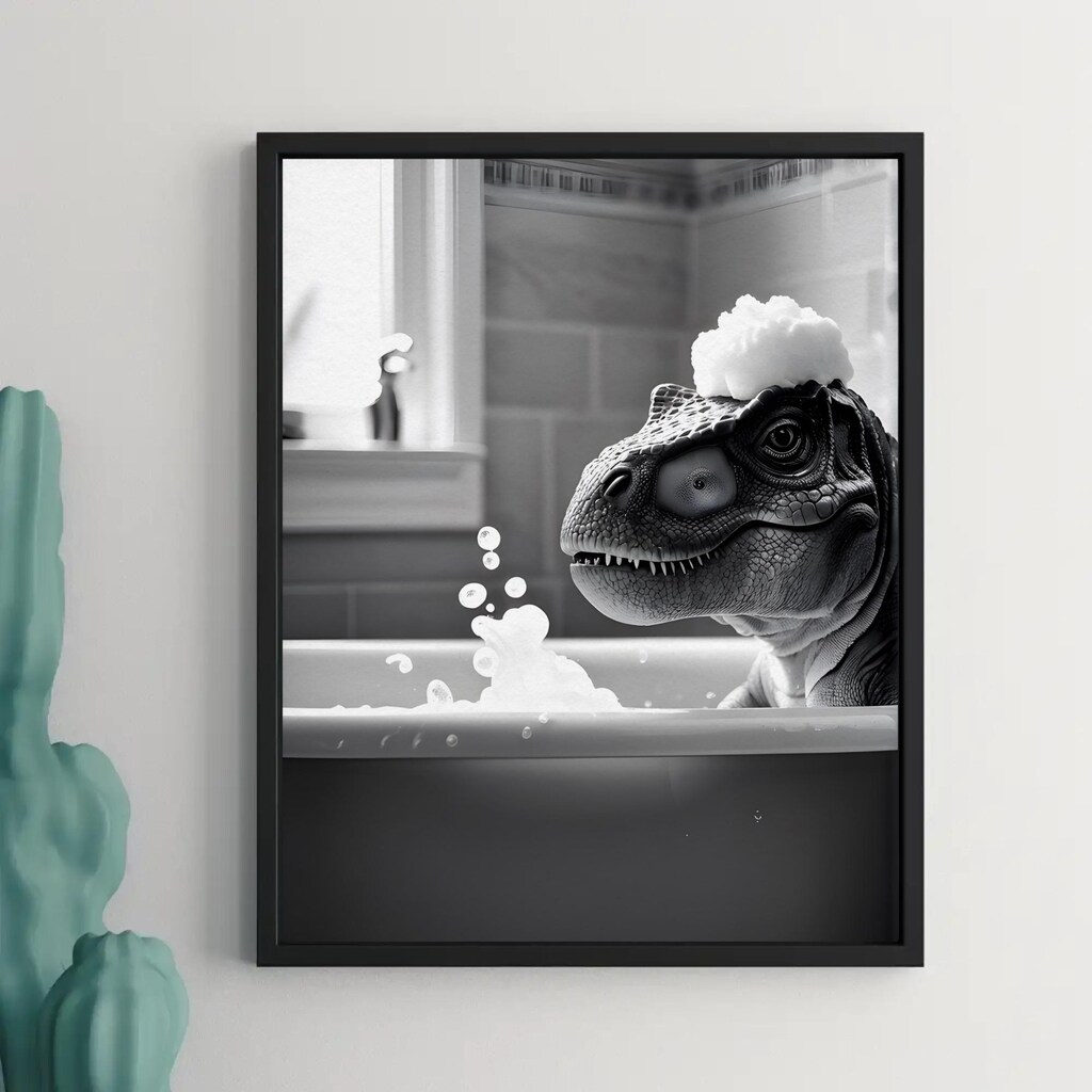 Stampa Su Tela Per Bagno – Dinosauro Nella Vasca – Quadro Moderno Bianco E Nero, 40,6 X 30,5 Cm