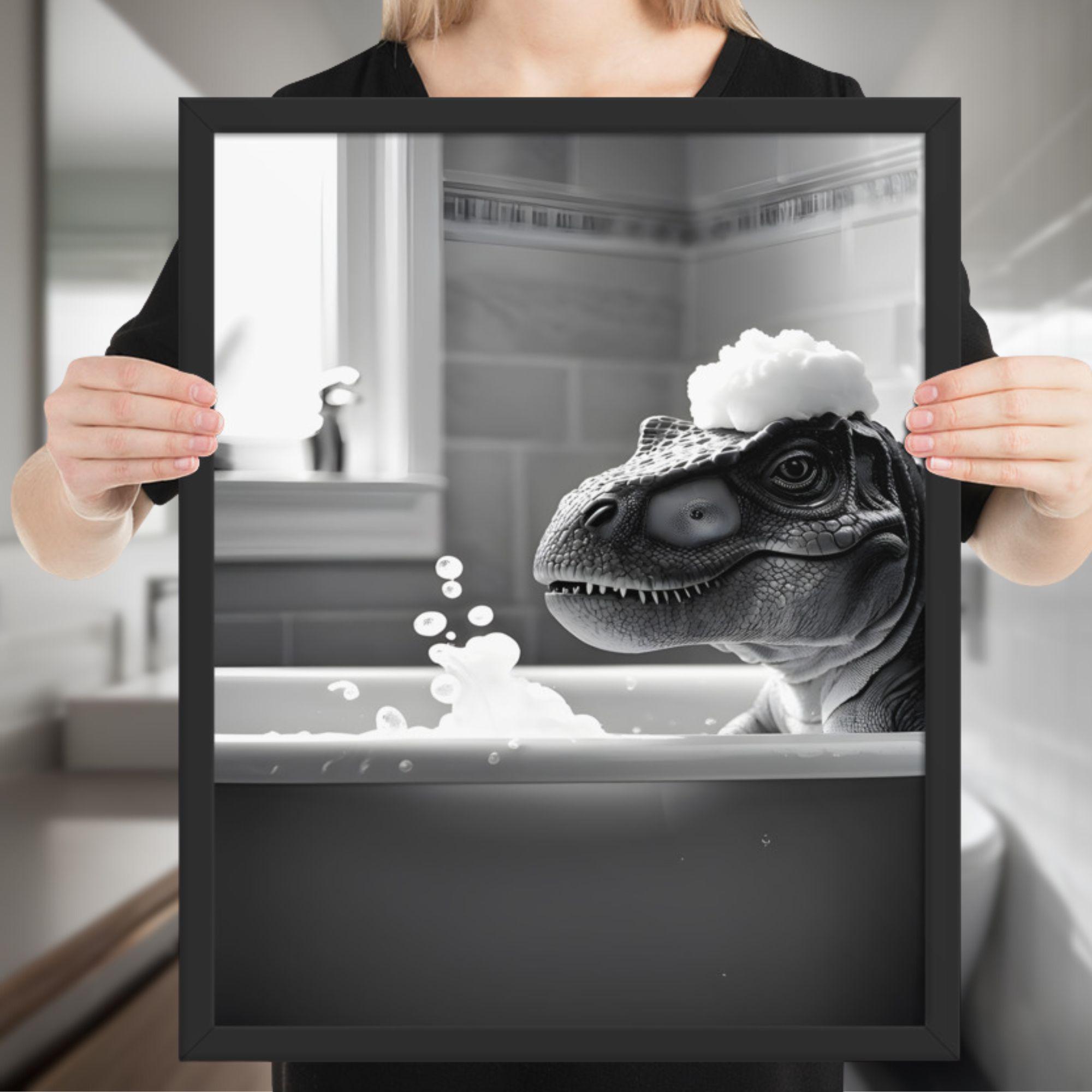 Stampa Su Tela Per Bagno – Dinosauro Nella Vasca – Quadro Moderno Bianco E Nero, 40,6 X 30,5 Cm