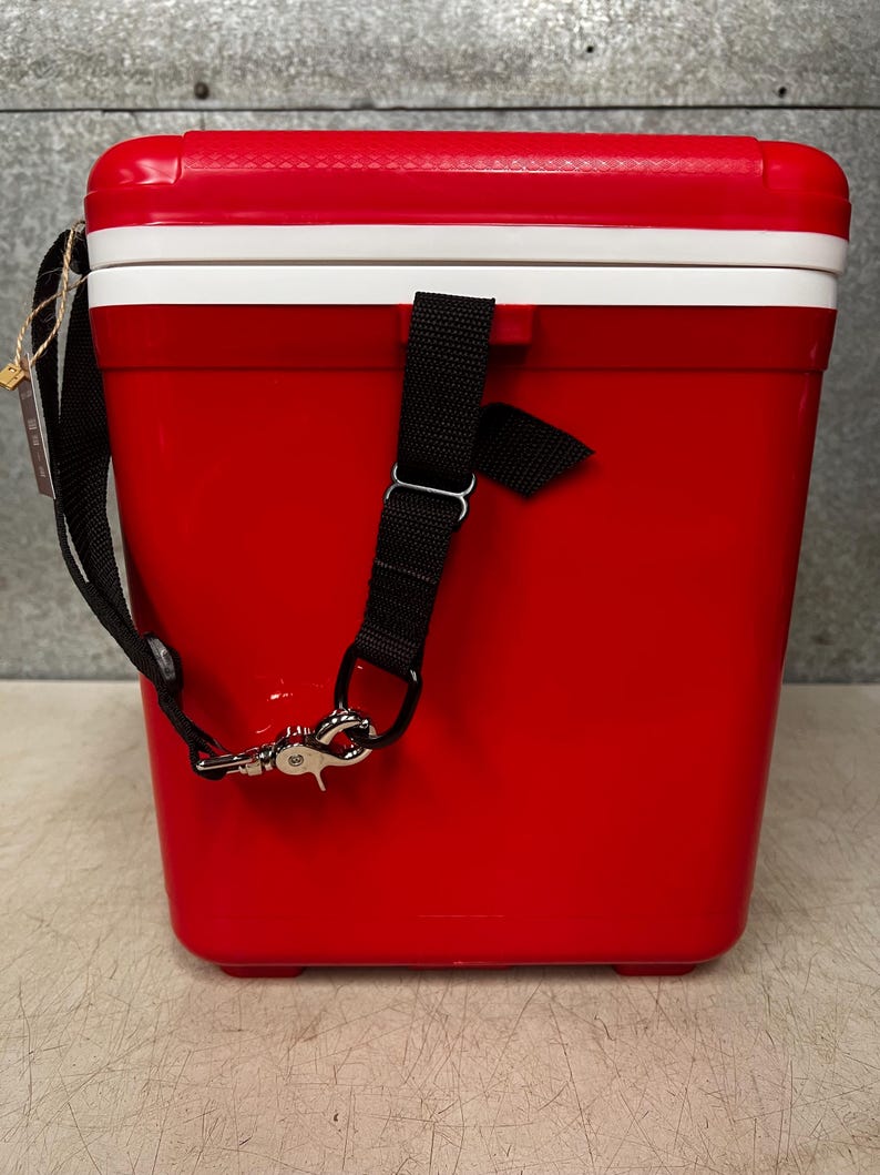 K&ouml;nnte beinhalten: Rote K&uuml;hlbox mit wei&szlig;em Deckel und schwarzem Gurt. Die K&uuml;hlbox hat einen silbernen Verschluss am Gurt.