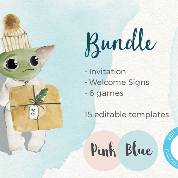 Baby Shower watercolor bundle, sale, Alien Baby Shower Party Invitation, BabyShower Space Wars, Instant download templett Digital File