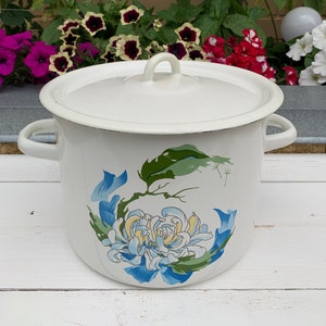 May include: White enamel pot with a blue and green floral design. The pot has a lid and two handles.