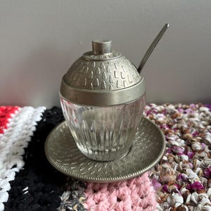 Vintage USSR Bowl Glass Metal Lid Spoon Saucer Condiment Set