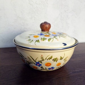 Könnte beinhalten: Cremefarbene Emaille-Schüssel mit passendem Deckel. Schüssel und Deckel sind mit einem Gänseblümchen-Blumenmuster in Weiß, Gelb, Blau und Grün verziert. Der Deckel hat einen braunen Holzknauf. Der Rand ist mit einem silbernen Band verziert.