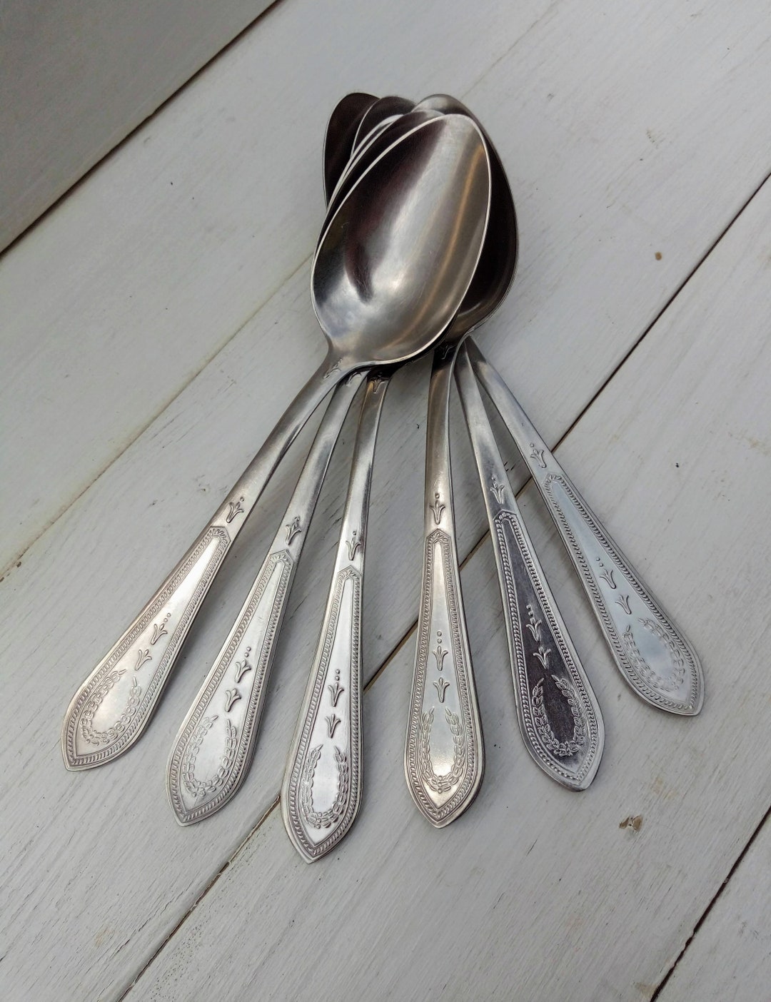 Vintage Cutlery Vintage Stainless Steel Set of 6 Spoons Ornate Cutlery