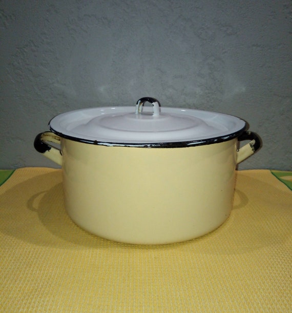 Soviet Enamel Pan Vintage Yellow Metal Pan With White Lid Etsy