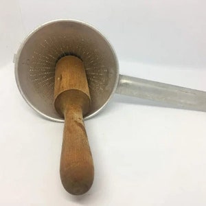 Aluminum Funnel, Colander USSR, Vintage Cone Shape Fruit, Metal Strainer, Sieve, Strainer & Wooden Tool, Farm House, Rustic Kitchen Decor