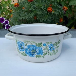 May include: White enamel pot with blue floral design and black rim. The pot has two handles.