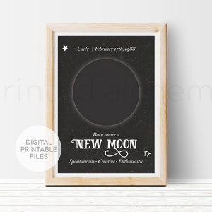 New Moon Printable Art Customizable Birthday Moon Phase Gift