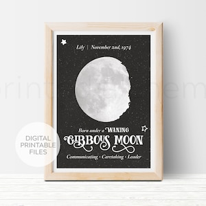 Waning Gibbous Moon Printable Art Customizable Birthday Moon Phase Gift