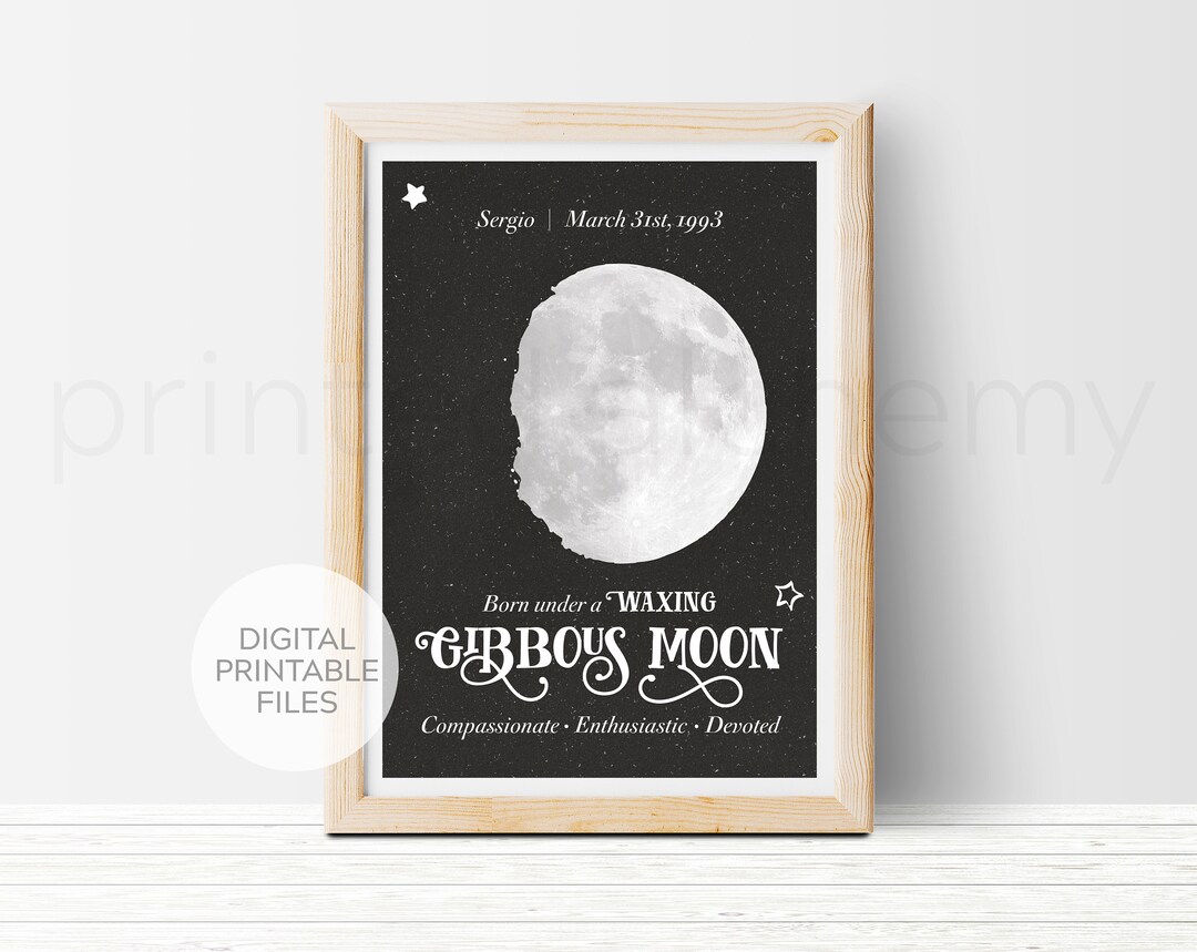 Waxing Gibbous Moon Printable Art Customizable Birthday Moon Phase Gift