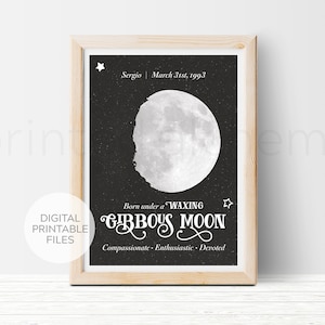 Przybywający Księżyc Gibbous Wydrukowalna Sztuka Dostosowywalny Prezent Urodzinowy Faza Księżyca