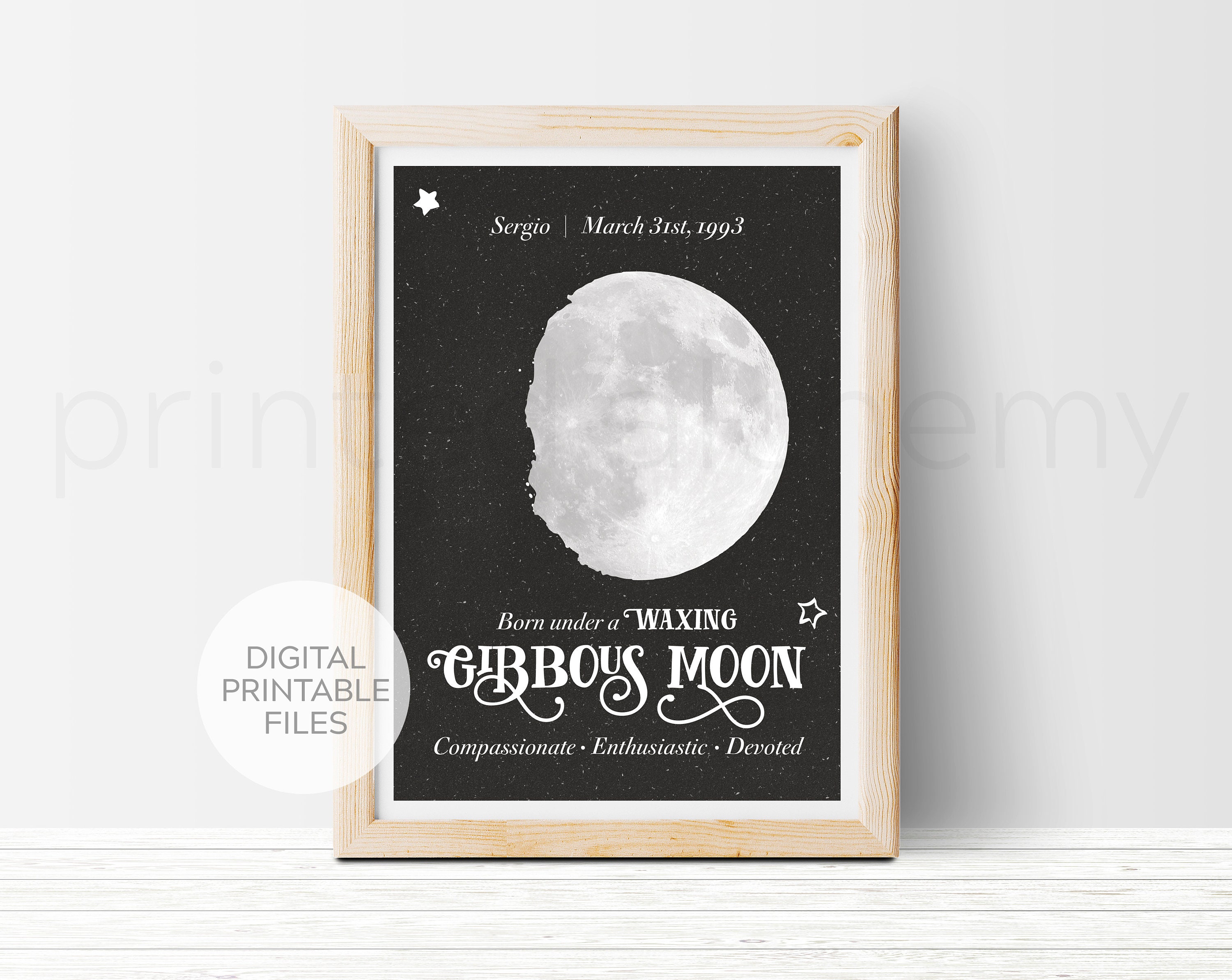 Waxing Gibbous Moon Printable Art Customizable Birthday Moon Phase Gift