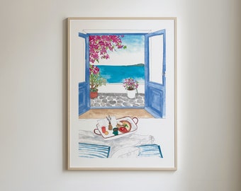 Breakfast in Greece Limited Edition Art Print, Greek view, Bougainvillea flower, Sea view