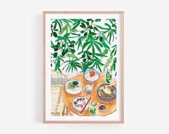 Vietnamese Meal Watercolor Art Print, Asian Food Illustration