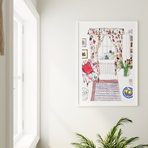 May include: A framed illustration of a cozy living room with a floral patterned armchair, a window with floral curtains, a rug, and a vase of tulips. The illustration is done in a watercolor style with a white background.