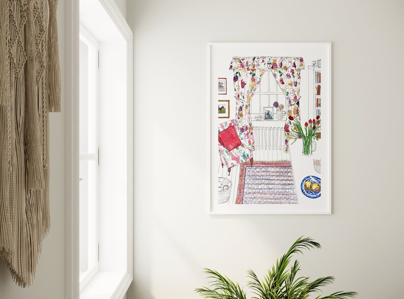 May include: A framed illustration of a cozy living room with a floral patterned armchair, a window with floral curtains, a rug, and a vase of tulips. The illustration is done in a watercolor style with a white background.