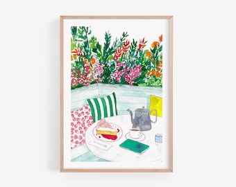 Tea & Cake A5 mini art print, Cafe art print, Food art print, Illustrated food print, Botanical print, Art gifts for her