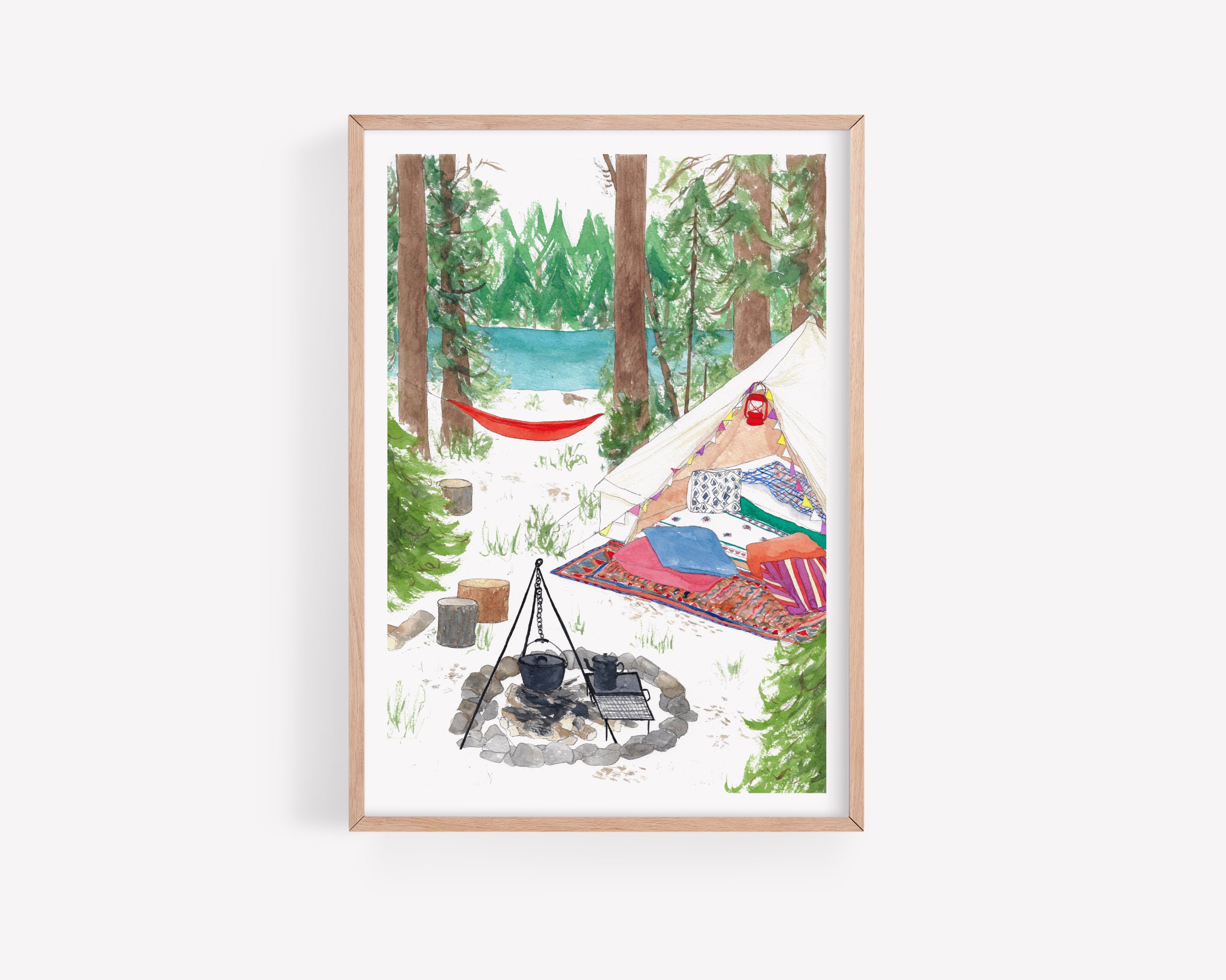 Lakeside Camping Art Print / Forest camping / Wall art / Etsy