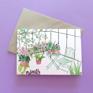 Carte de voeux de serre / Banque à l'intérieur / Carte du jardinier