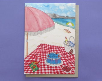 Carte de voeux de pique-nique de plage d'anniversaire / carte d'anniversaire / blanc à l'intérieur