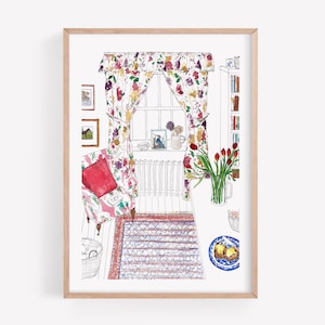 May include: A watercolor illustration of a cozy living room with a floral patterned armchair, a window with floral curtains, a bookshelf, a rug, and a vase of red tulips.