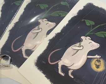 Little mouse sheltering from the rain - illustration