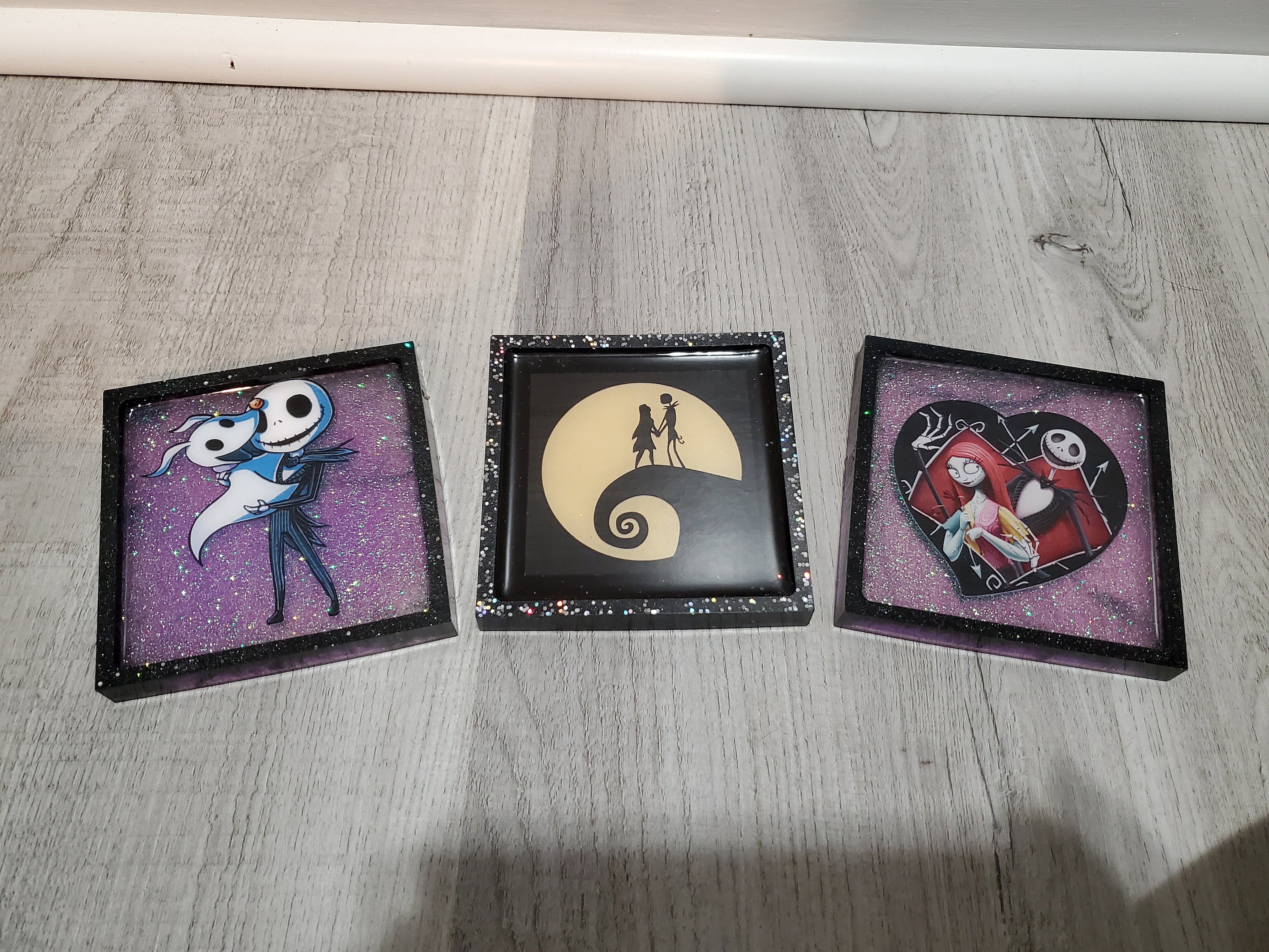 The NIGHTMARE BEFORE CHRISTMAS Handmade 6 Drink Coaster Set With Holder Home Decoration Engraved Clear Satin Protective Finish Housewarming