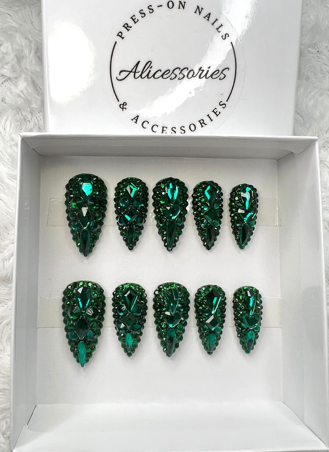 Evergreen Press on Nails / Full Dark Green Bling Nails / False Nails