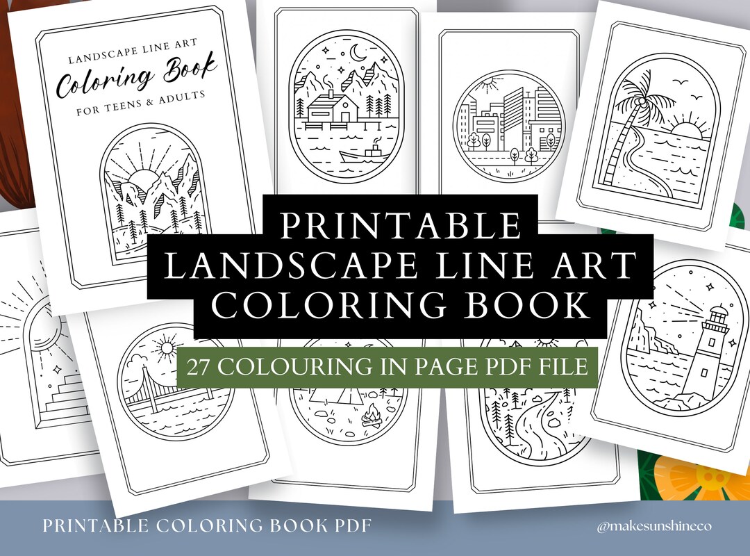 Landscape Line Art Modern Coloring Book Pages Printable PDF Etsy