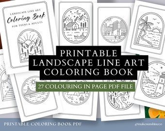 Landscape Line Art Modern Coloring Book Pages Printable PDF | 27 line art style landscapes colouring for kids adults women men teens